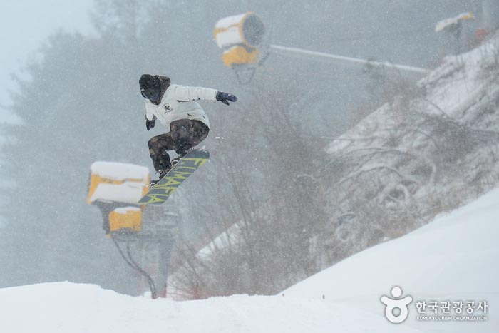 Skater genießen das Snowboarden im Extreme Park - Pyeongchang-Pistole, Gangwon, Südkorea (https://codecorea.github.io)