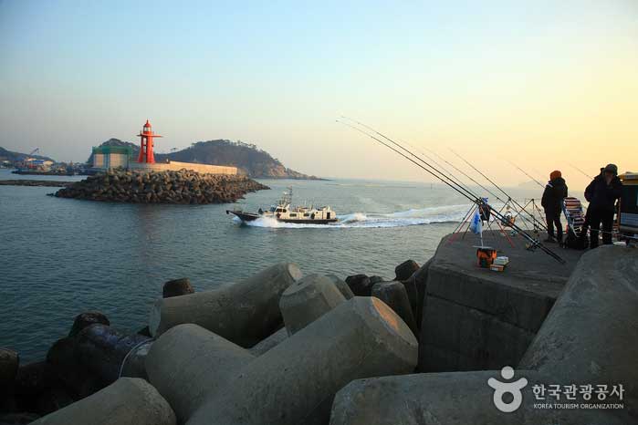 Gente disfrutando de la pesca en el rompeolas del pueblo - Taean-gun, Corea del Sur (https://codecorea.github.io)