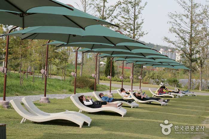 Путешественники отдыхают на шезлонгах - Сунчхон, Чоннам, Корея (https://codecorea.github.io)