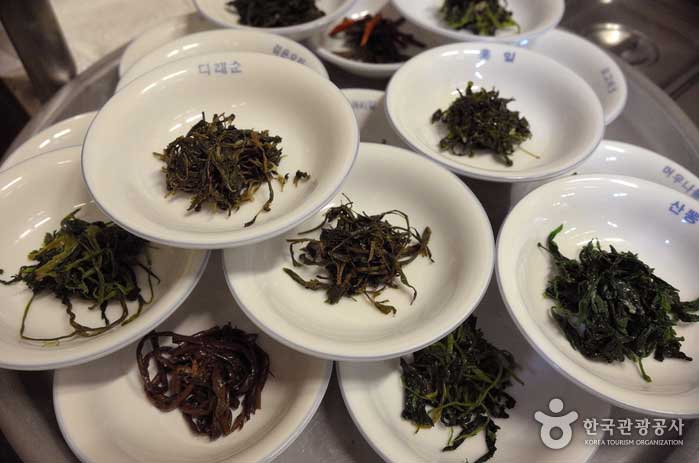 The name of the herb is written on each bowl of herbs. - Chungju, Chungbuk, Korea (https://codecorea.github.io)