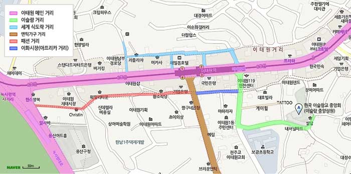 Mapas proporcionados y Naver - Yongsan-gu, Seúl, Corea (https://codecorea.github.io)