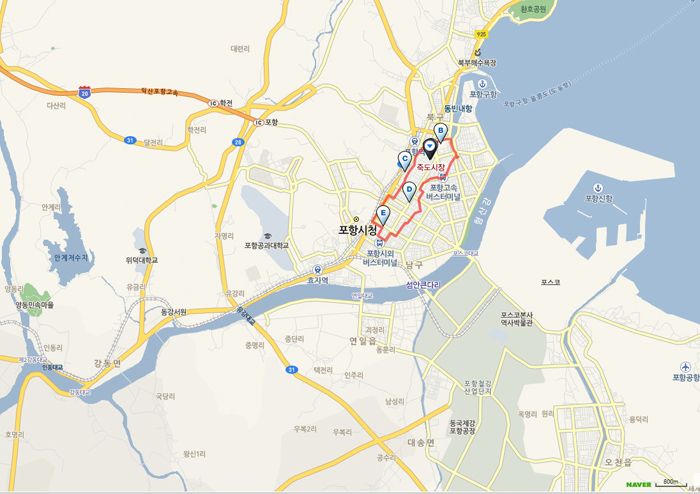 Mapas proporcionados y Naver - Pohang, Gyeongbuk, Corea (https://codecorea.github.io)