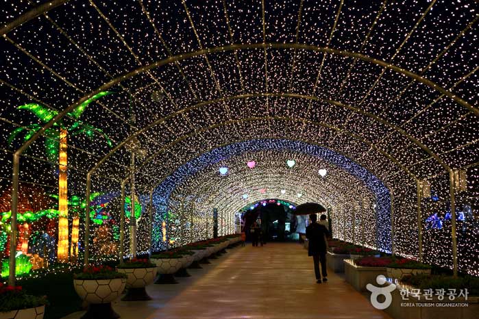 Tunnel lumineux créé pour l'ouverture de nuit - Goseong-gun, Gyeongnam, Corée (https://codecorea.github.io)