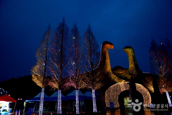 Le lieu de l'événement brille de lumières colorées à l'ouverture de nuit - Goseong-gun, Gyeongnam, Corée (https://codecorea.github.io)