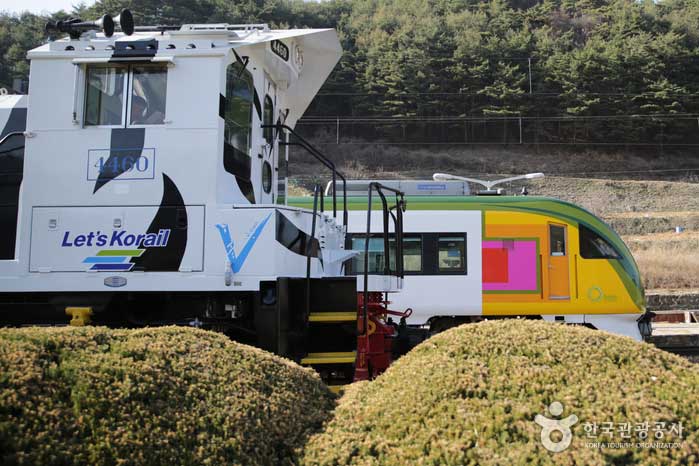 Train des gorges (à gauche) et train touristique (arrière) - Danyang-gun, Chungbuk, Corée (https://codecorea.github.io)