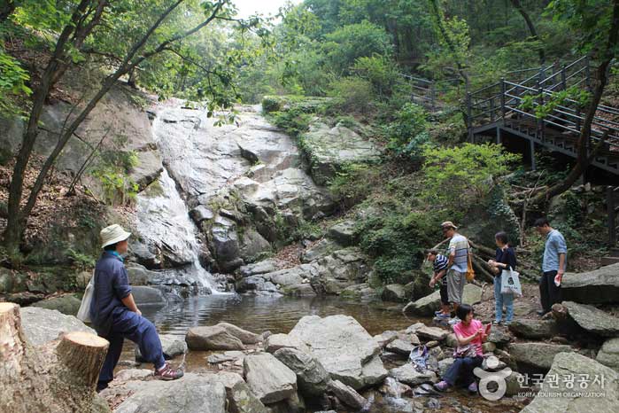Los participantes toman un descanso para refrescarse en la cascada - República de Corea (https://codecorea.github.io)