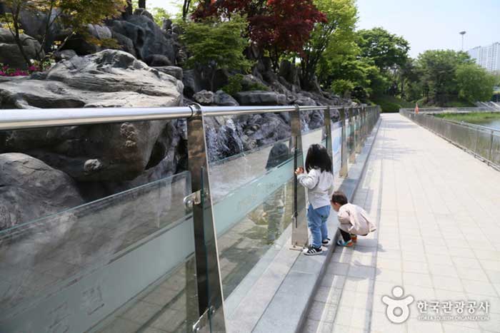 Дети смотрят на водопад Монгчон - Сонгпа-гу, Сеул, Корея (https://codecorea.github.io)