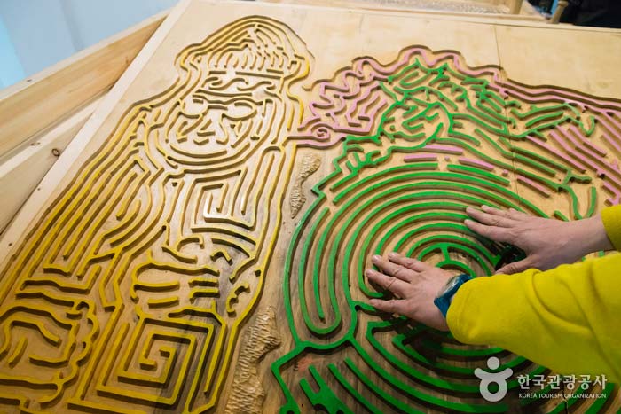 Les voyageurs appréciant la forme complexe du puzzle du labyrinthe - Jeju, Corée (https://codecorea.github.io)