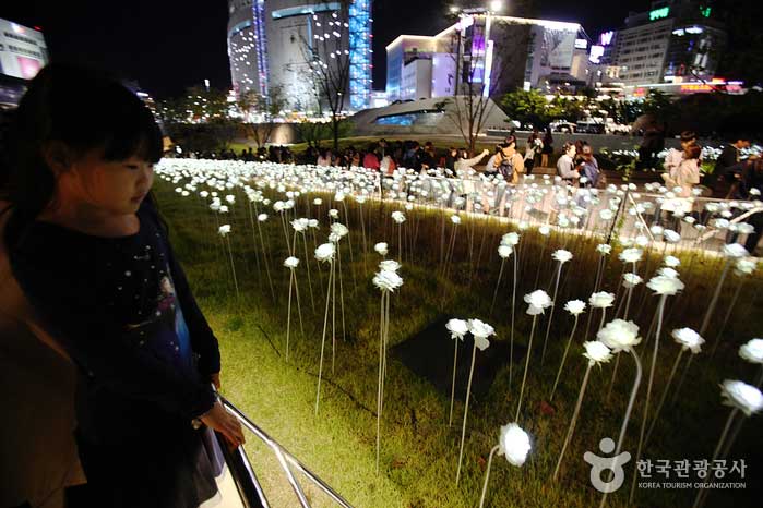 Vue de nuit de DDP, populaire comme cours de date pour les amoureux - Jongno-gu, Séoul, Corée (https://codecorea.github.io)